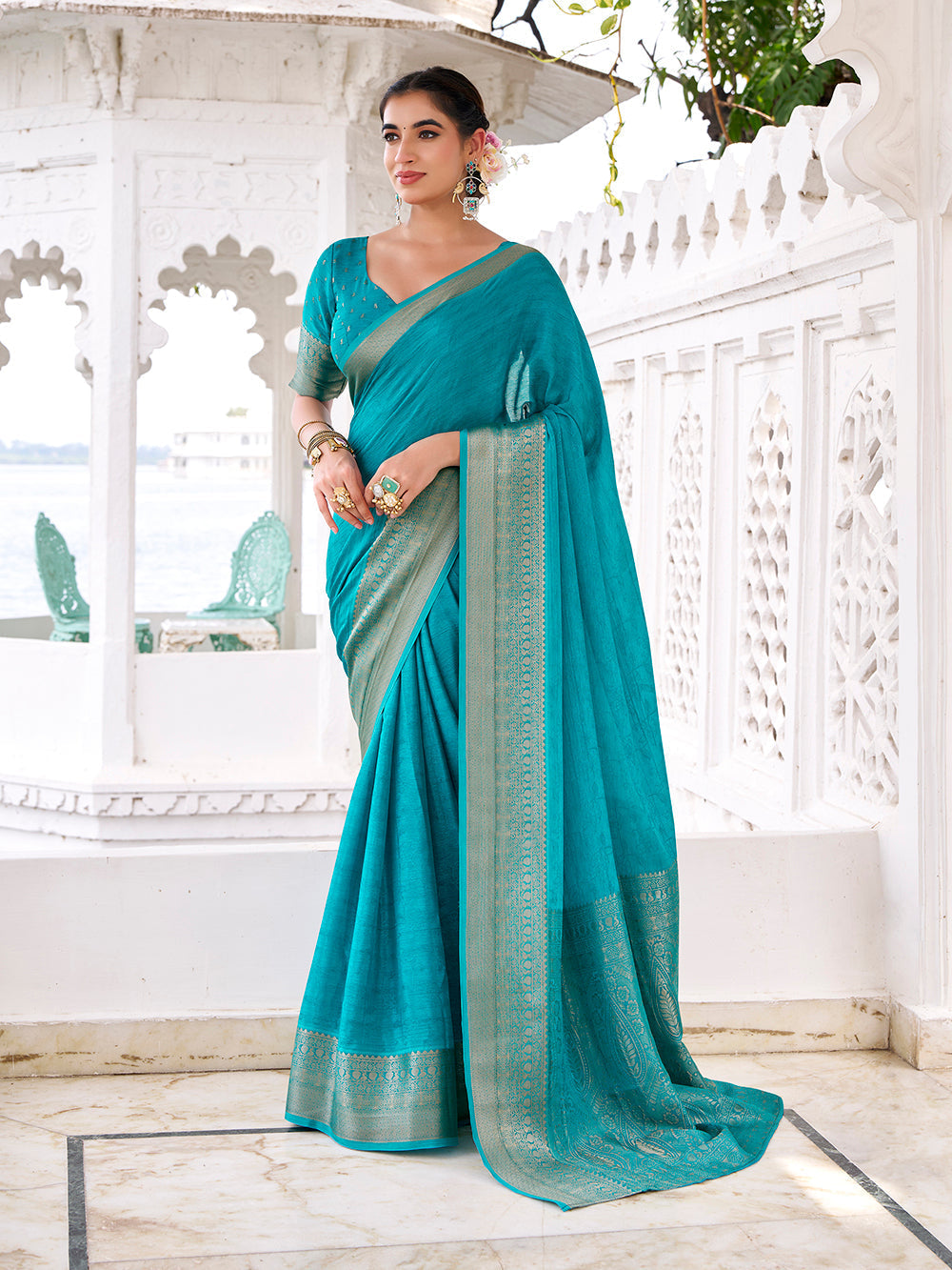 Firozi self printed chinon saree with zari weaving unstitched blouse
