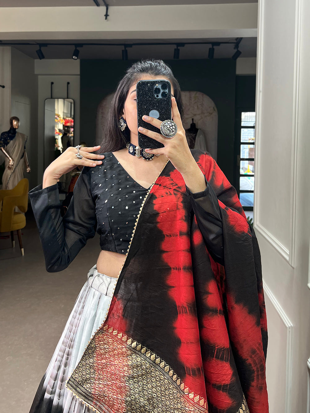 Black Color Shibori Printed With Zari Weaving Work Chanderi Lehenga Choli