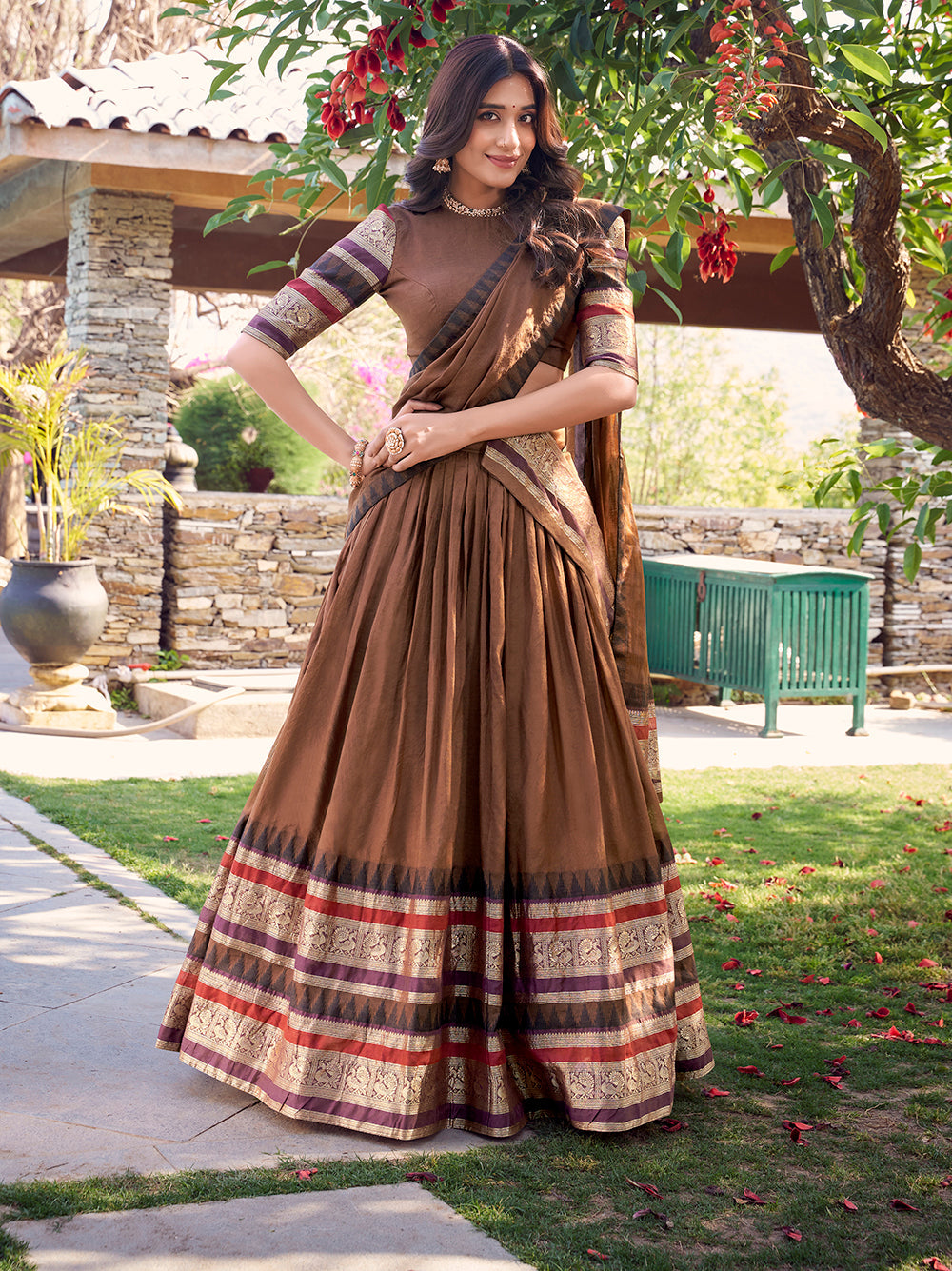 Classic brown chanderi lehenga choli with zari border coordinated dupatta