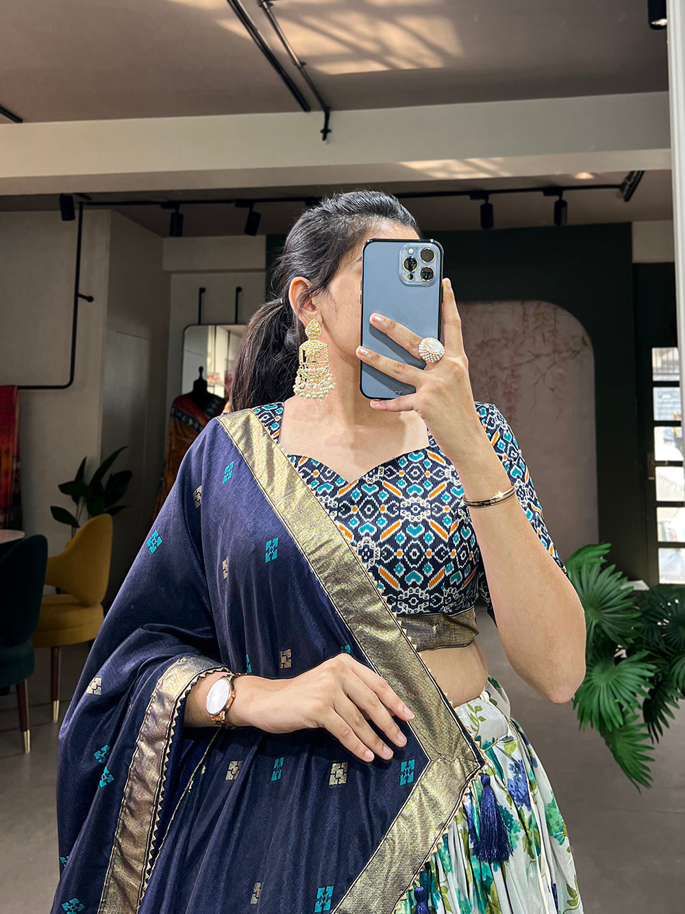 Navy Blue Color Floral And Patola Printed With Foil Work Tussar Silk Traditional Lehenga Choli