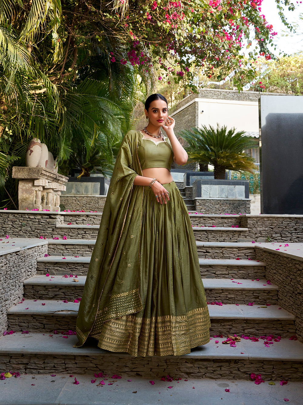Mehandi green chanderi silk lehenga choli with elegant weave matching dupatta