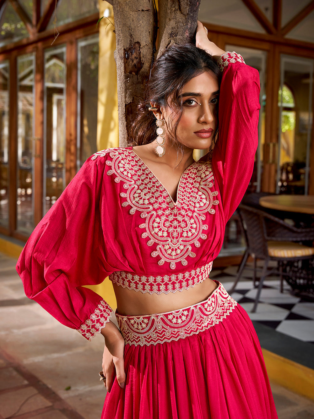 Pink vichitra silk lehenga choli set with thread embroidery