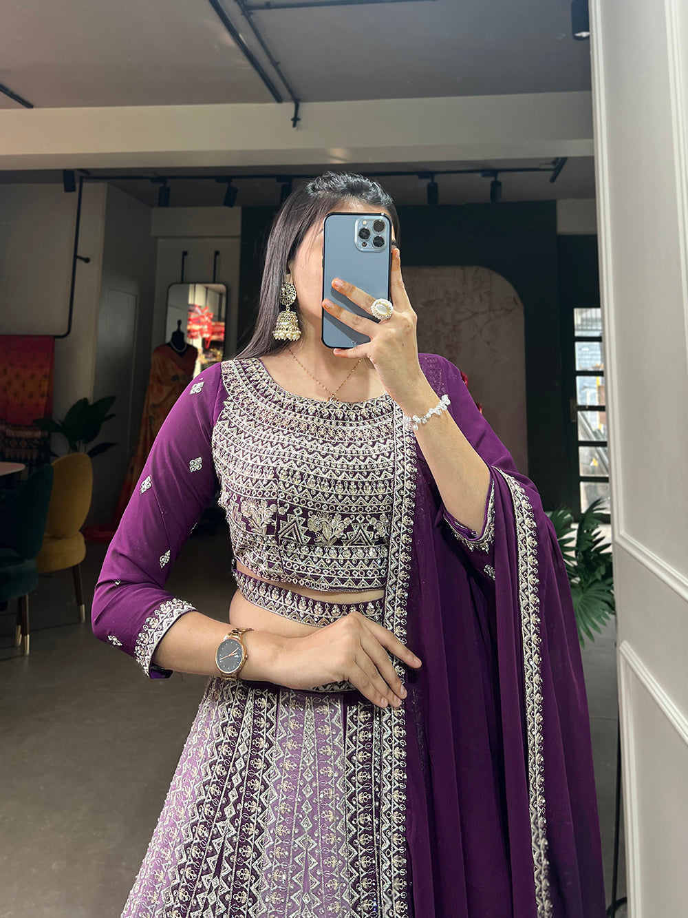 Purple Color Thread Embroidery And Jharkhand Diamond Work Georgette Lehenga Choli
