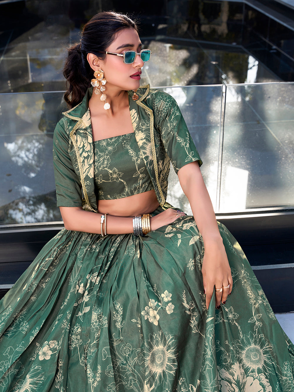 Bottle green tussar silk floral print crop top lehenga choli
