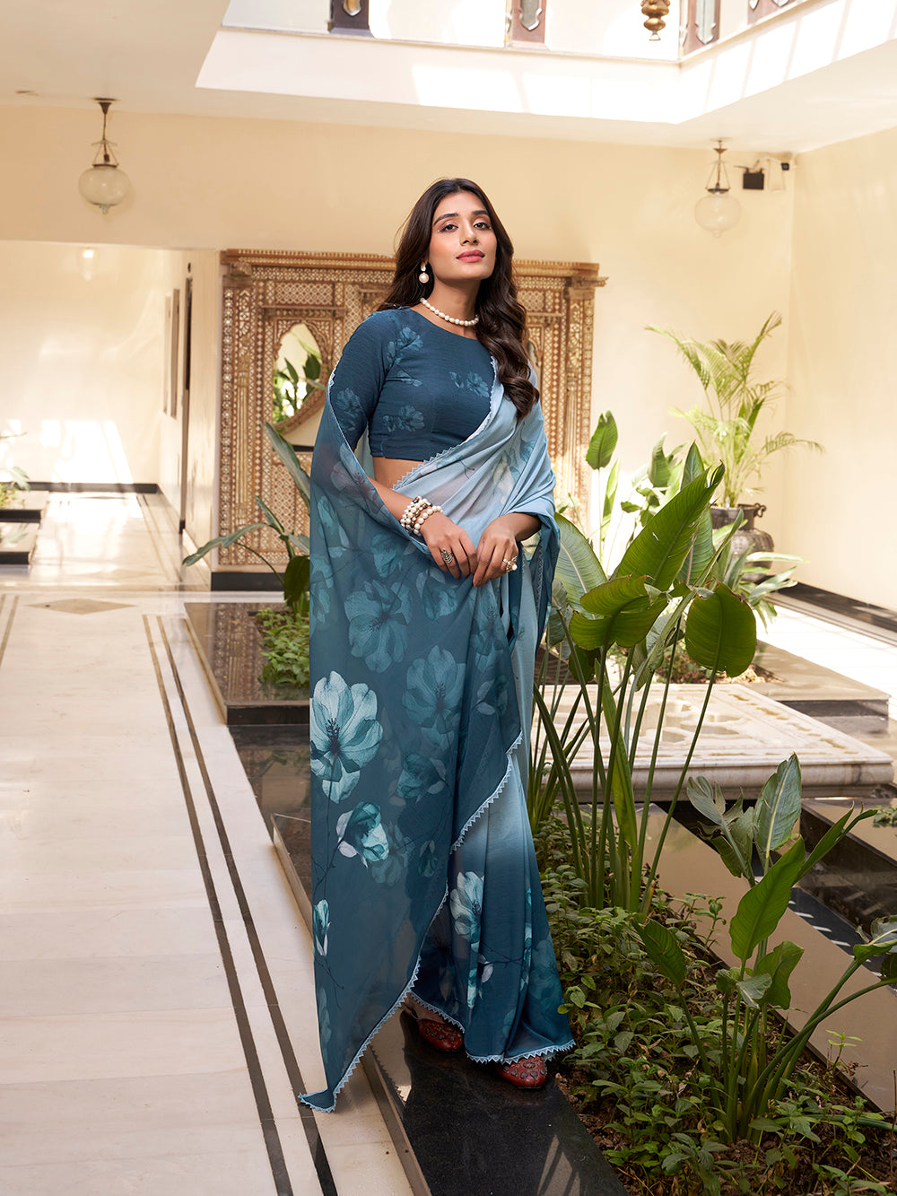 Bottle green floral printed weightless marbal saree with lace border