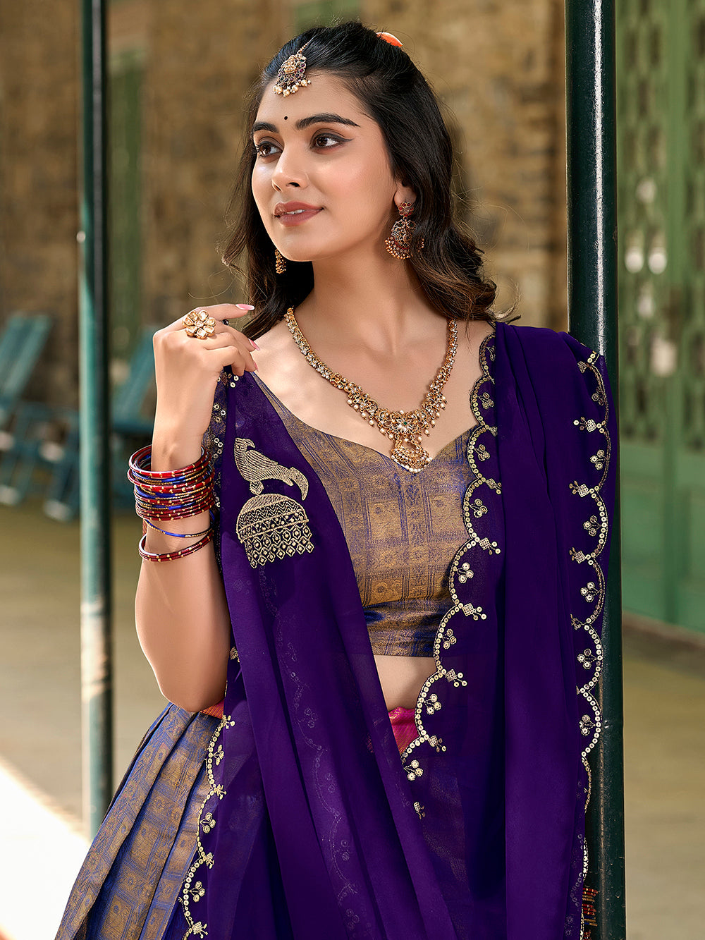 Blue color zari weaving work kanjivaram south indian lehenga choli