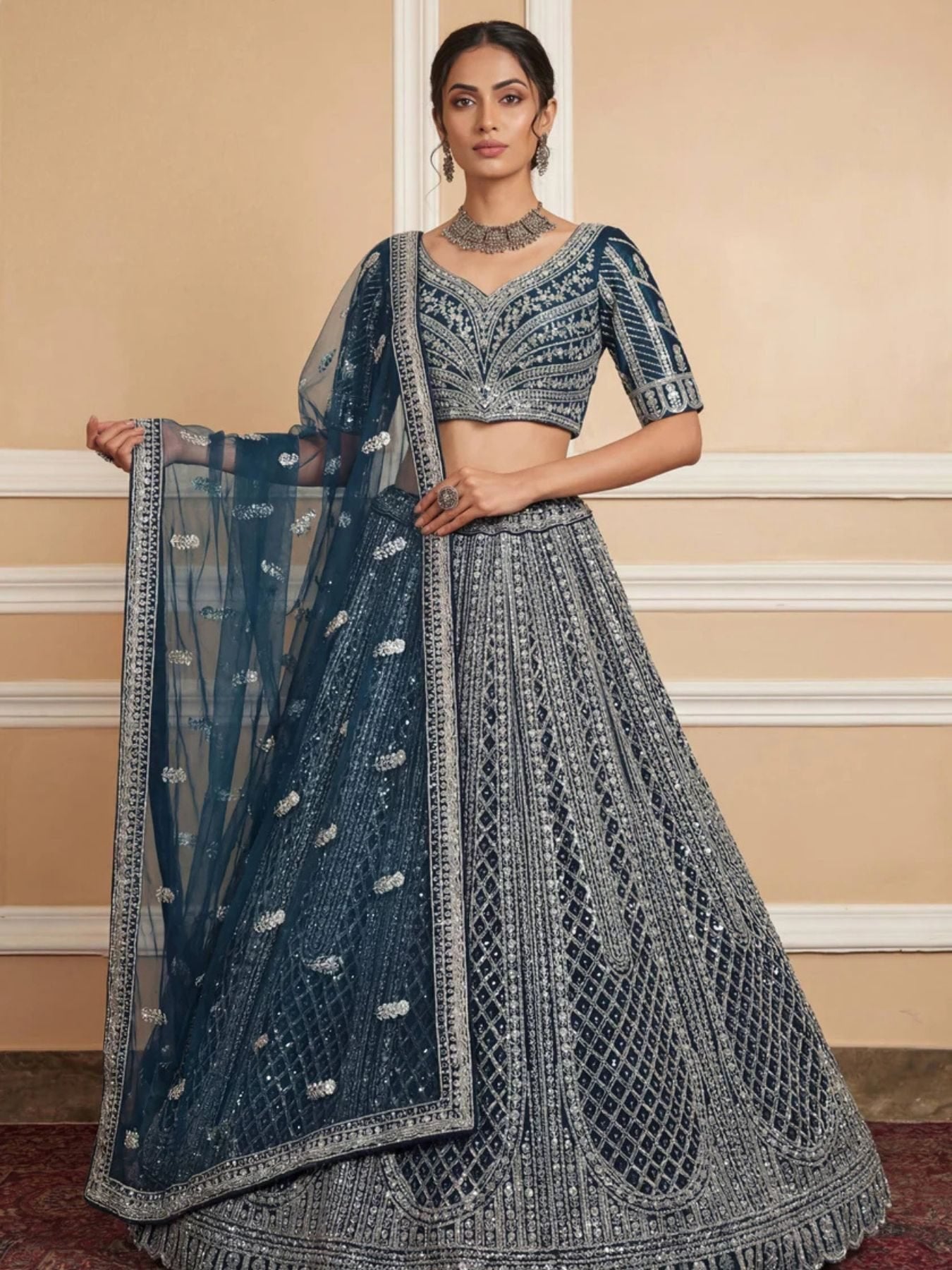 Navy Net Lehenga with Embroidery for Wedding Wear