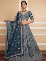 Navy Net Lehenga with Embroidery for Wedding Wear