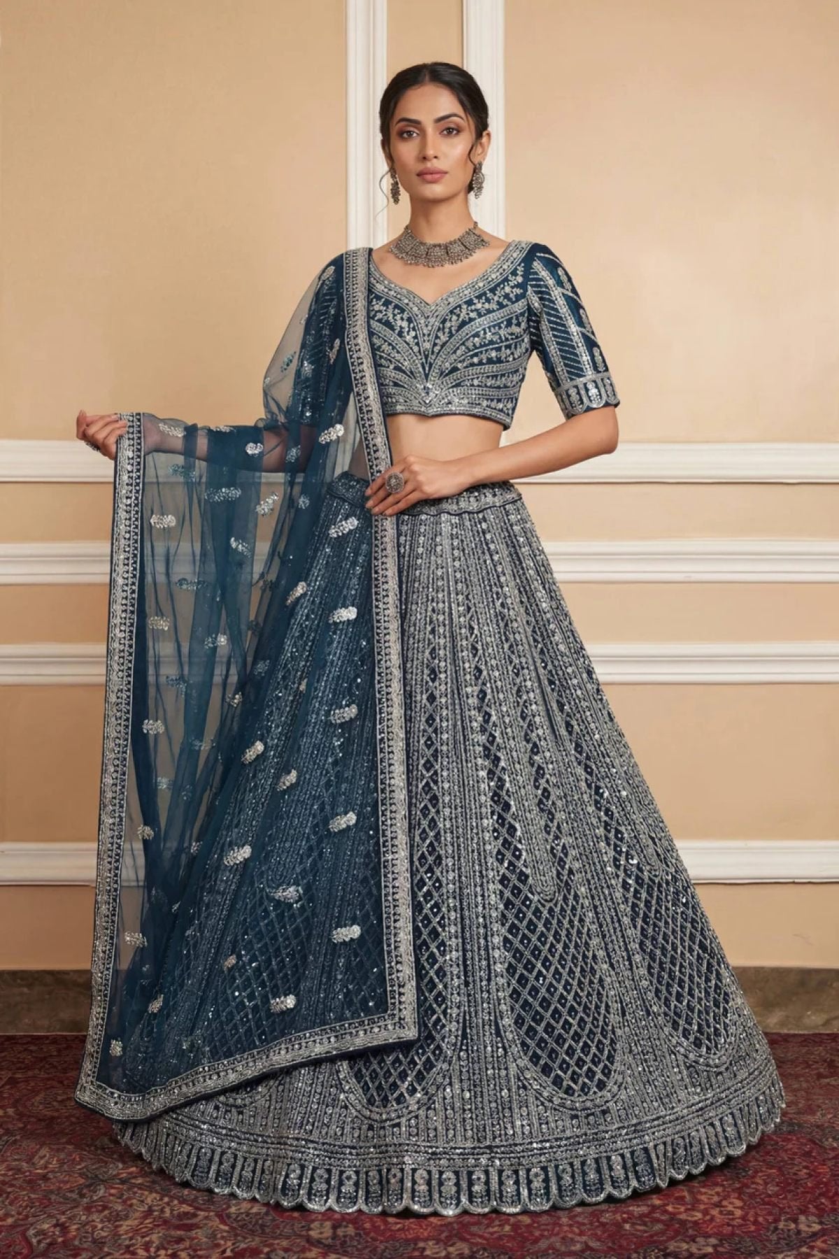 Navy Net Lehenga with Embroidery for Wedding Wear