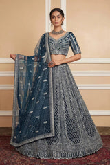 Navy Net Lehenga with Embroidery for Wedding Wear