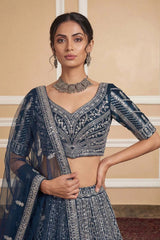 Navy Net Lehenga with Embroidery for Wedding Wear