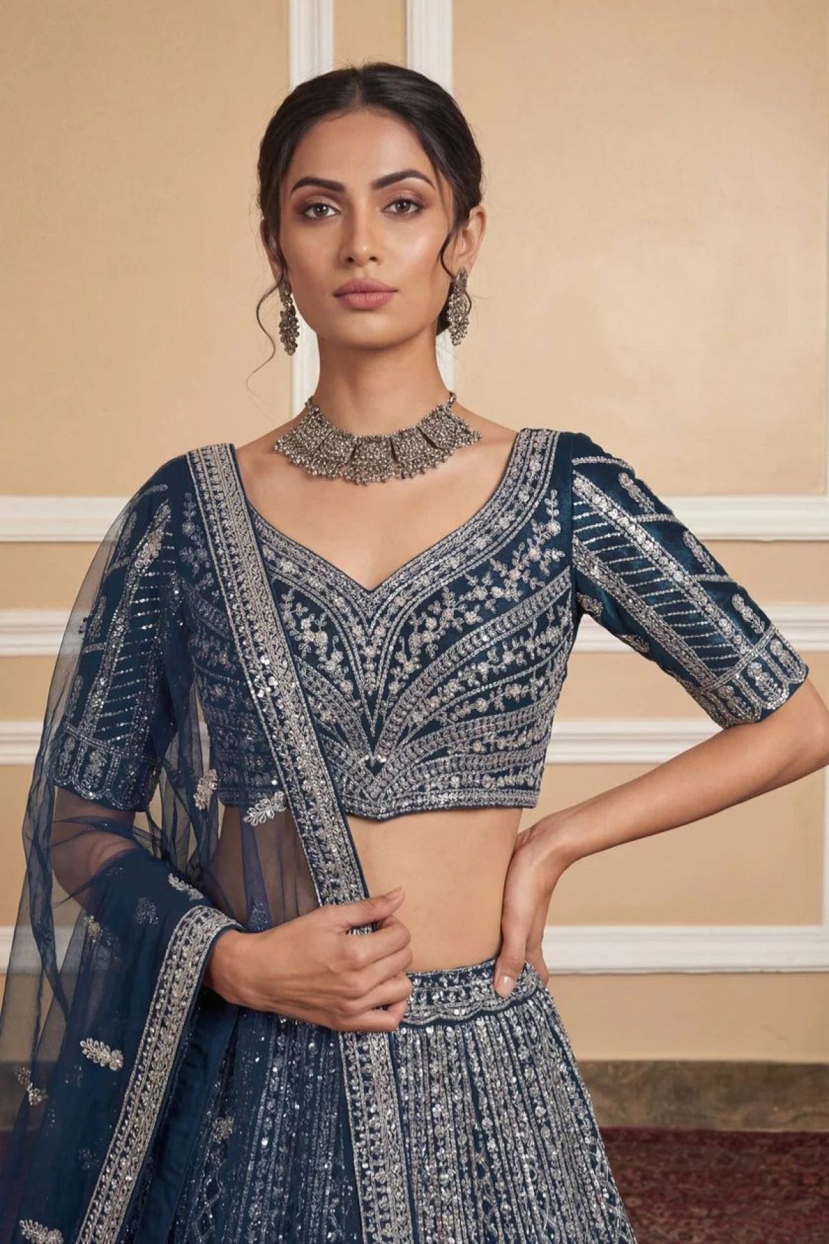 Navy Net Lehenga with Embroidery for Wedding Wear