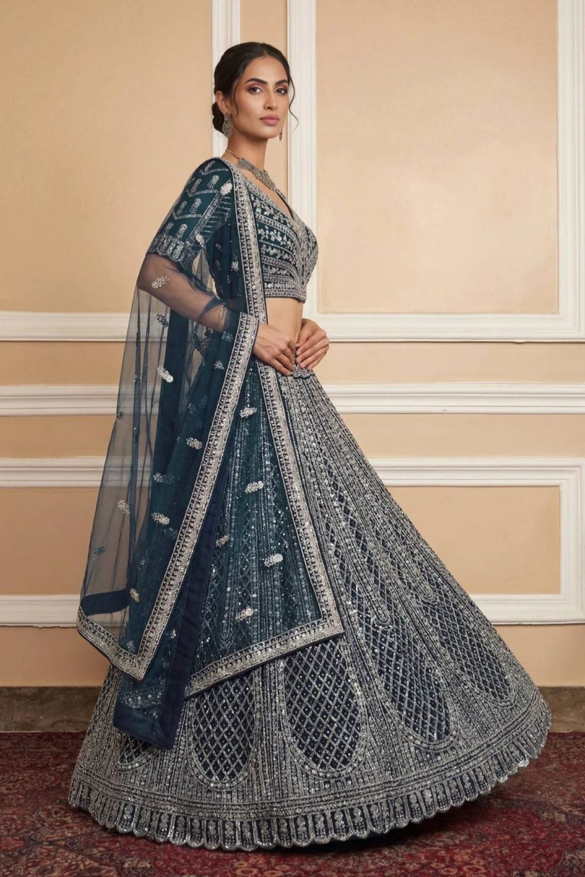 Navy Net Lehenga with Embroidery for Wedding Wear