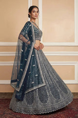 Navy Net Lehenga with Embroidery for Wedding Wear