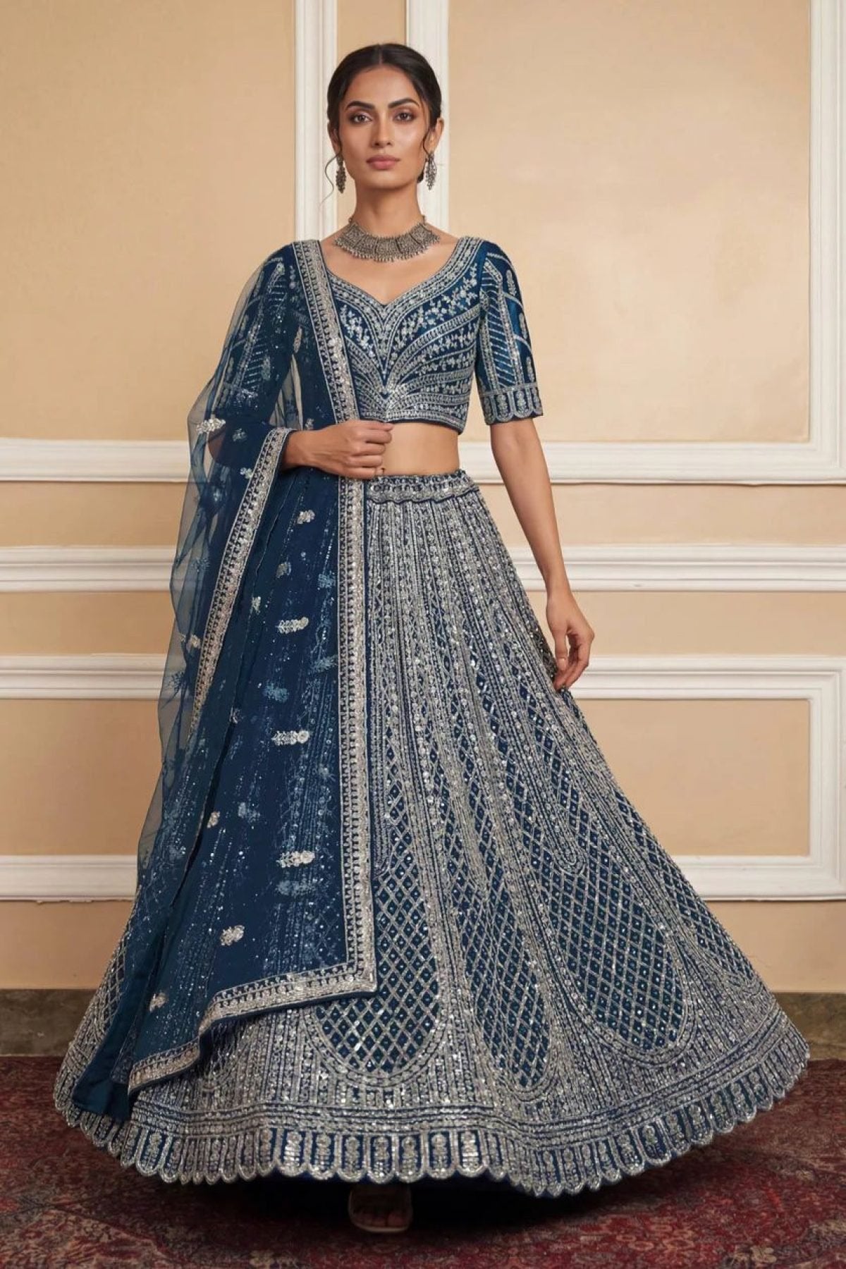 Navy Net Lehenga with Embroidery for Wedding Wear