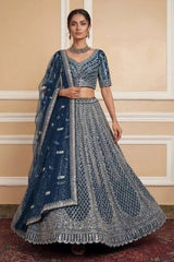 Navy Net Lehenga with Embroidery for Wedding Wear
