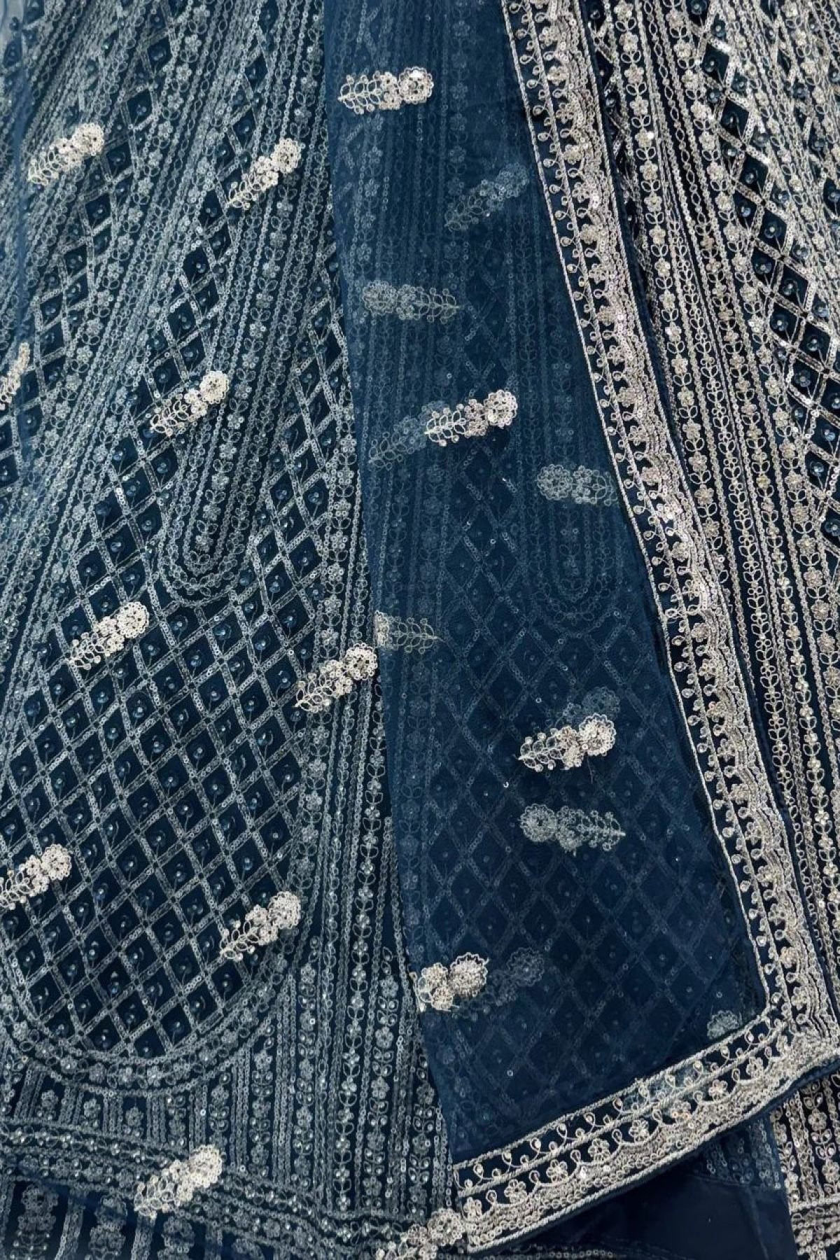 Navy Net Lehenga with Embroidery for Wedding Wear