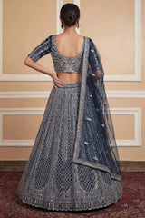 Navy Net Lehenga with Embroidery for Wedding Wear