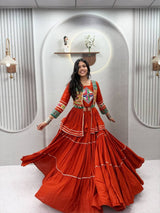 Navratri Gamthi Work Cotton Lehenga Choli with Koti and 9 Meter Flair