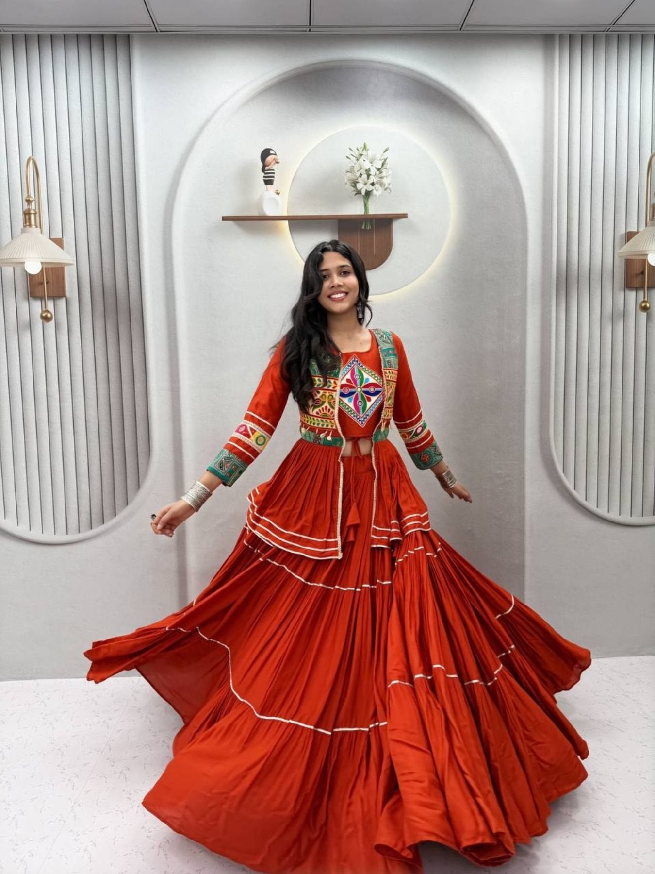 Navratri Gamthi Work Cotton Lehenga Choli with Koti and 9 Meter Flair