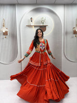 Navratri Gamthi Work Cotton Lehenga Choli with Koti and 9 Meter Flair