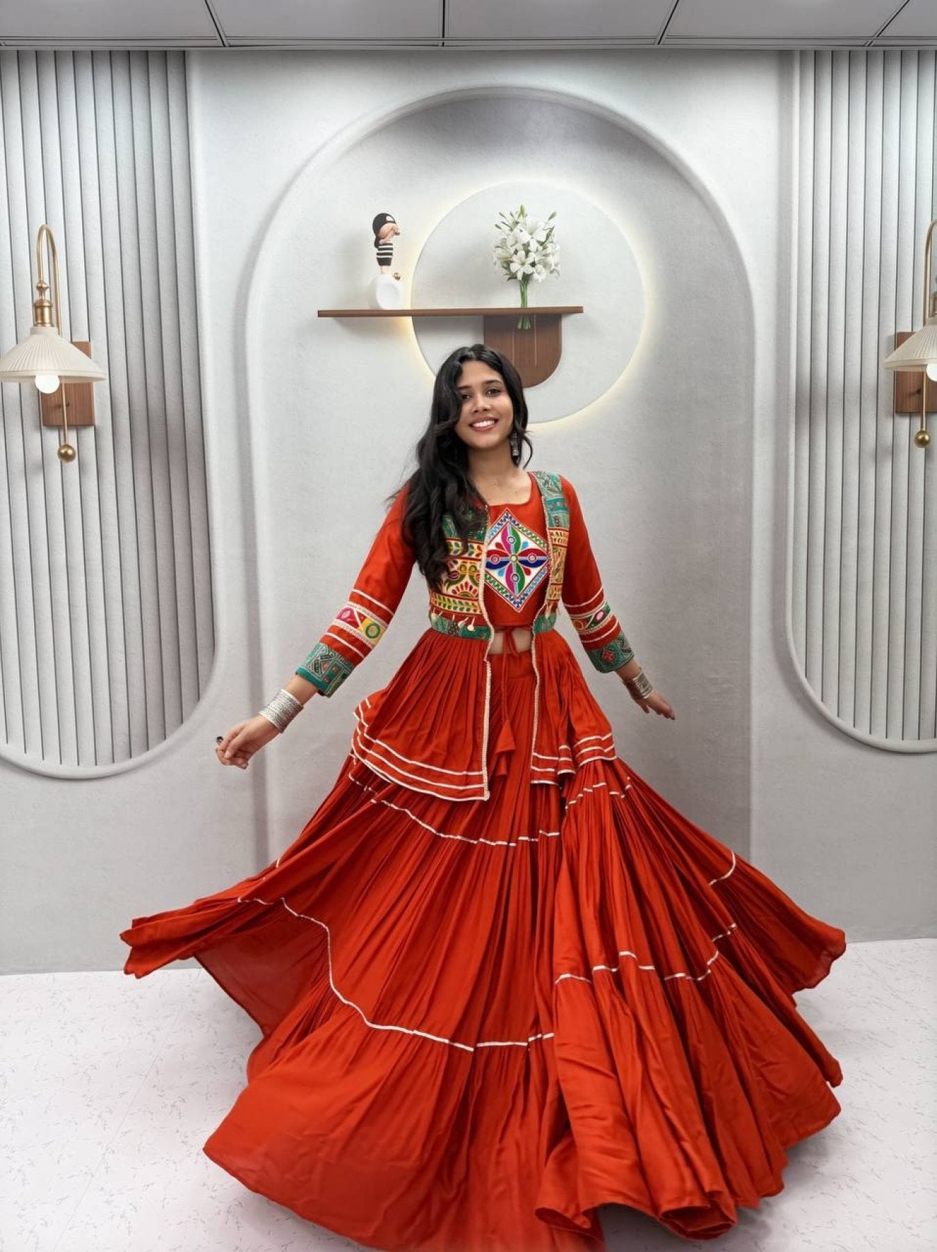 Navratri Gamthi Work Cotton Lehenga Choli with Koti and 9 Meter Flair