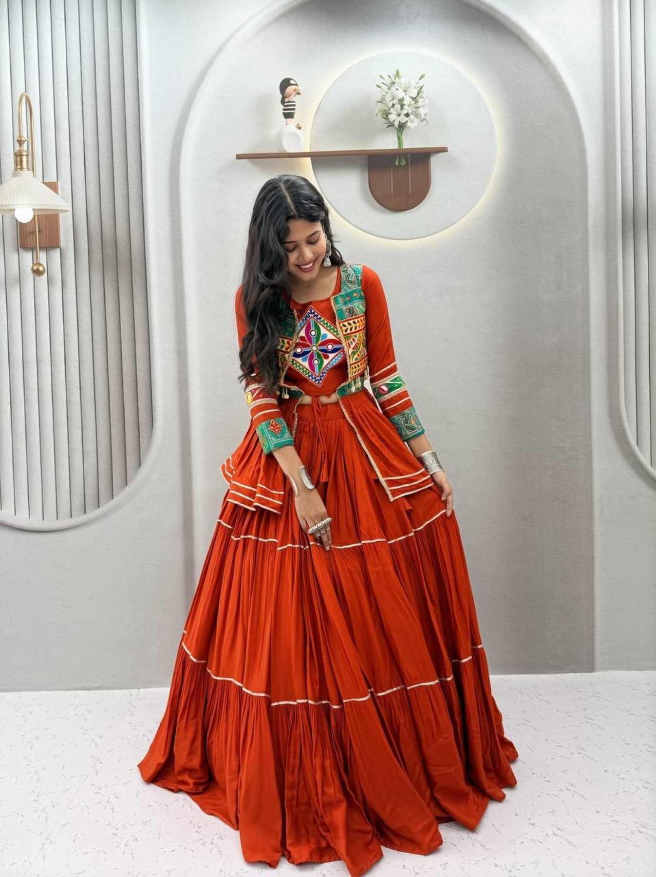 Navratri Gamthi Work Cotton Lehenga Choli with Koti and 9 Meter Flair