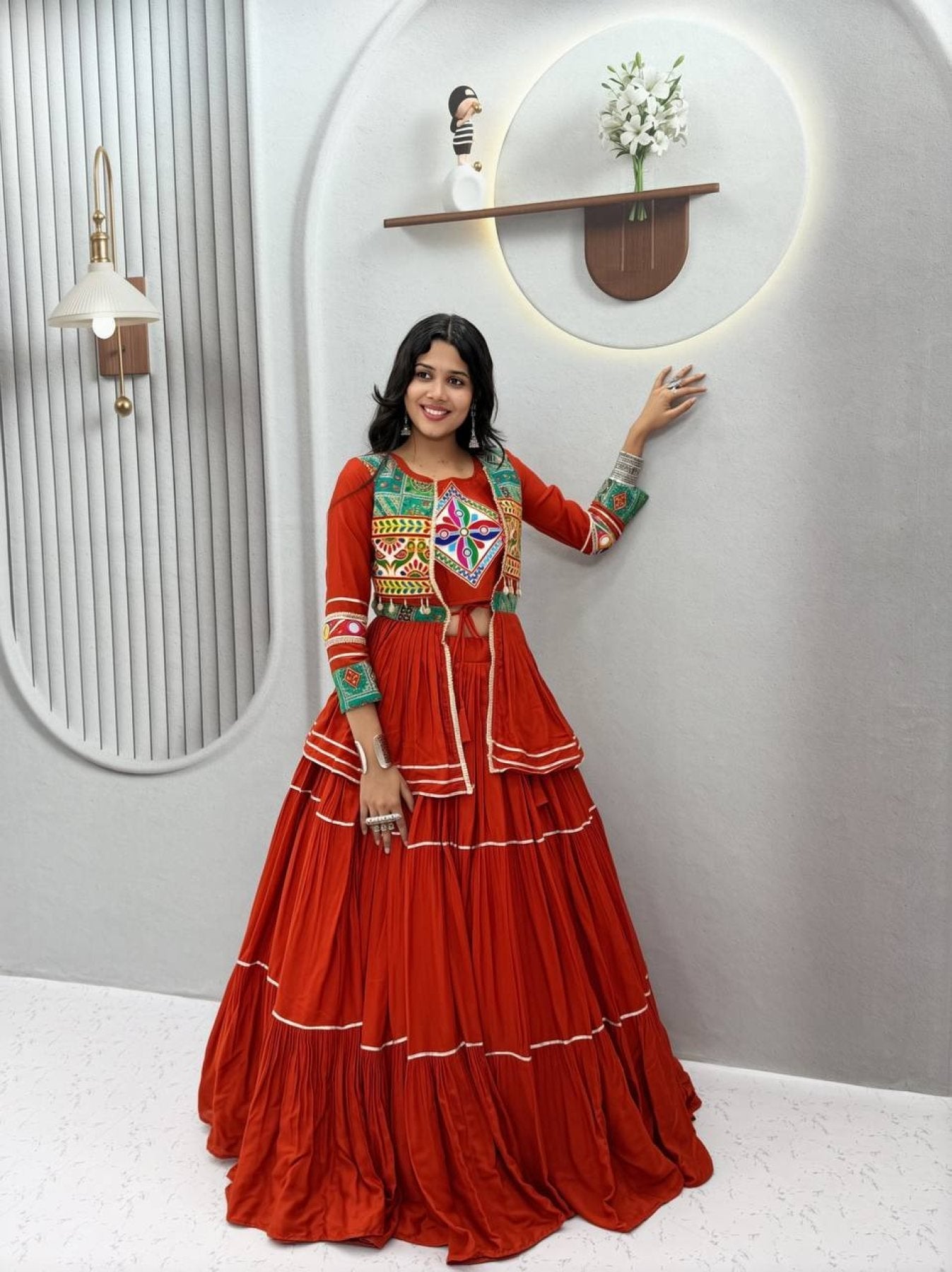 Navratri Gamthi Work Cotton Lehenga Choli with Koti and 9 Meter Flair