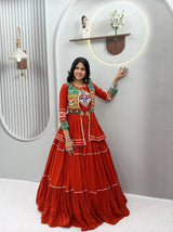 Navratri Gamthi Work Cotton Lehenga Choli with Koti and 9 Meter Flair