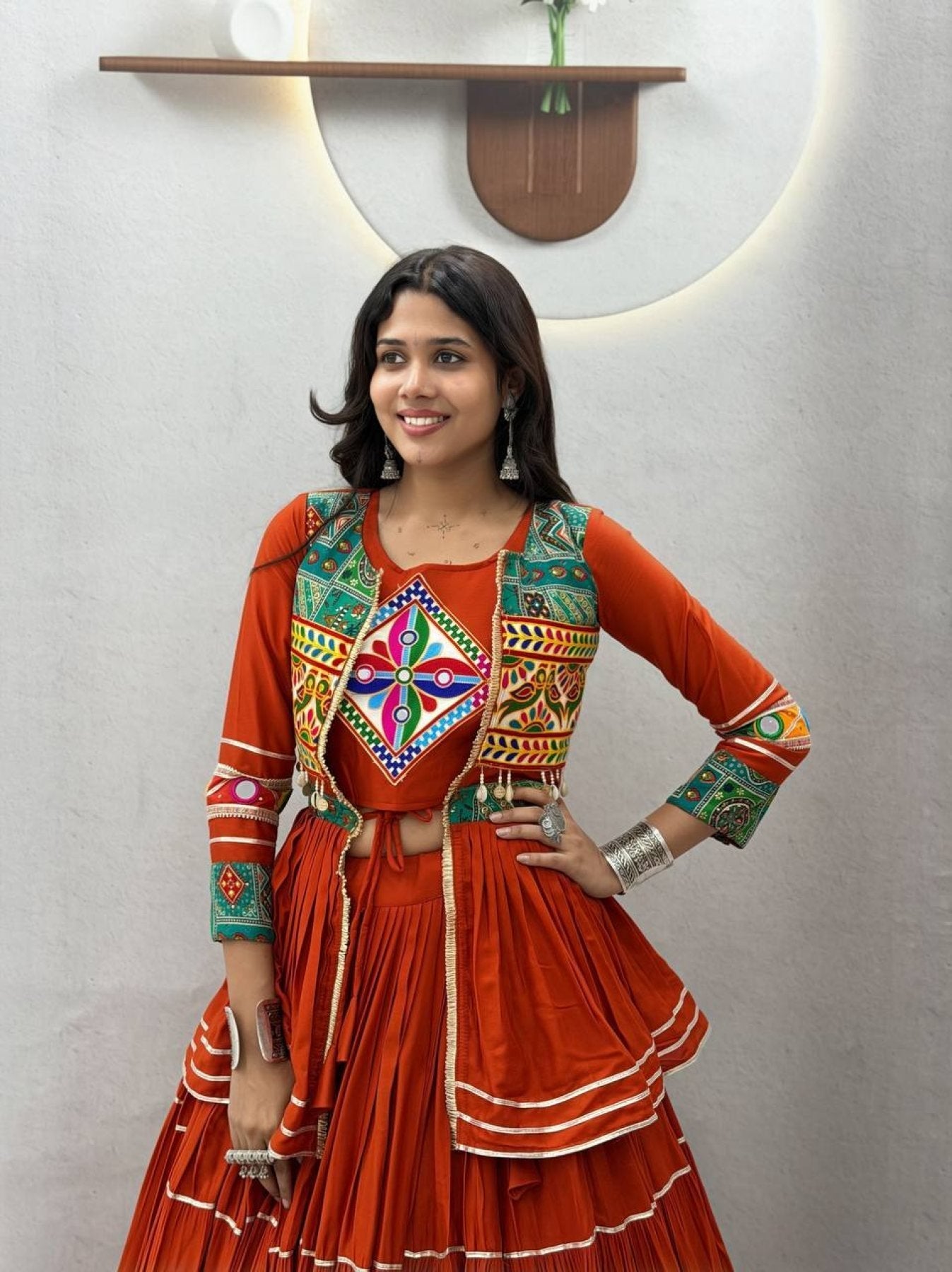 Navratri Gamthi Work Cotton Lehenga Choli with Koti and 9 Meter Flair