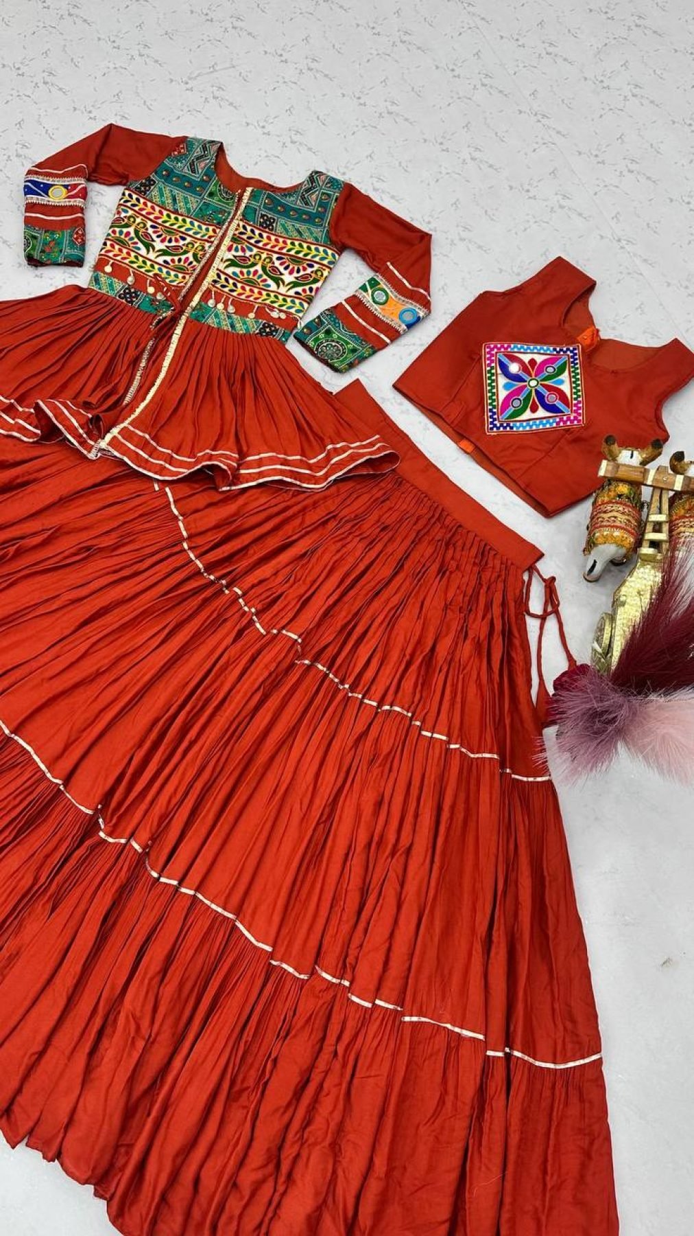 Navratri Gamthi Work Cotton Lehenga Choli with Koti and 9 Meter Flair