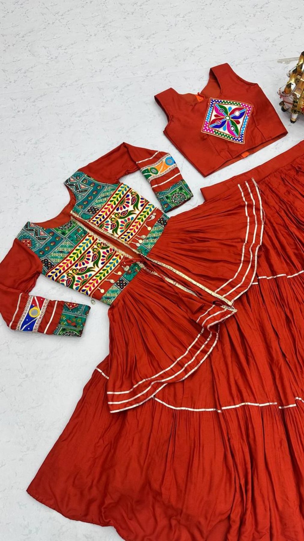 Navratri Gamthi Work Cotton Lehenga Choli with Koti and 9 Meter Flair
