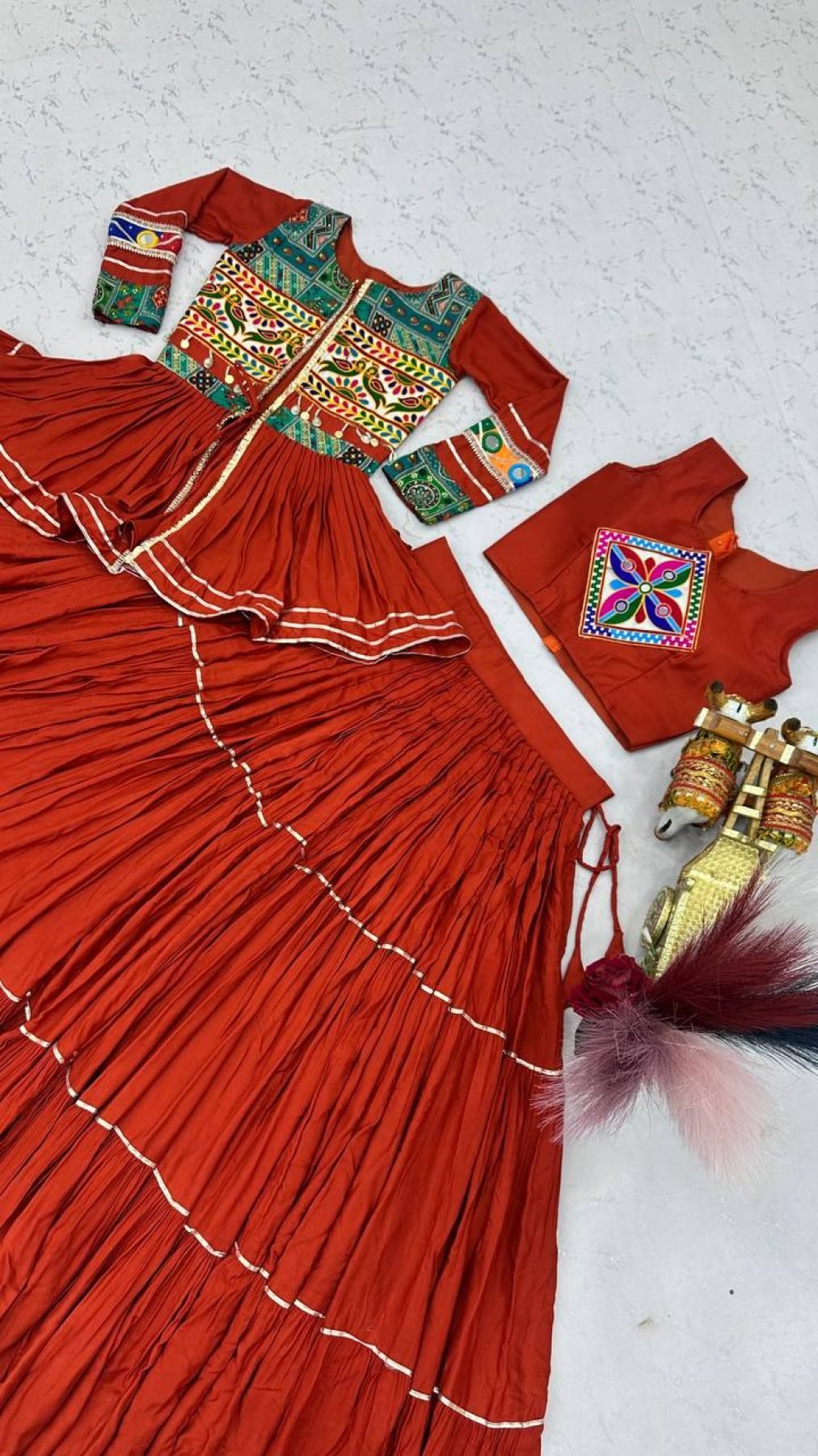Navratri Gamthi Work Cotton Lehenga Choli with Koti and 9 Meter Flair