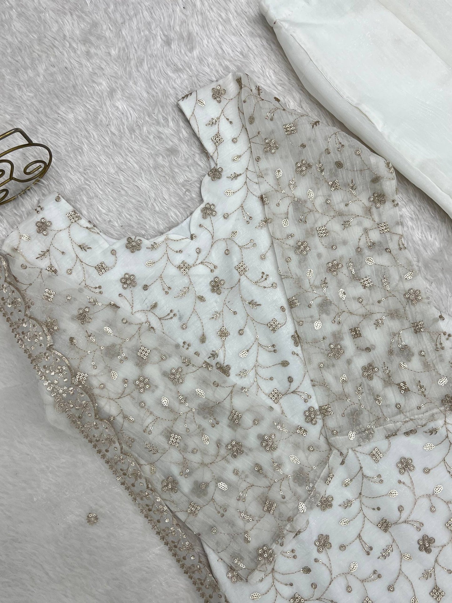 Off-White Crushed Silk Sequin Zari Kurta Set with Bell-Bottom — Festive Wear
