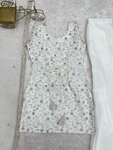 Off-White Crushed Silk Sequin Zari Kurta Set with Bell-Bottom — Festive Wear