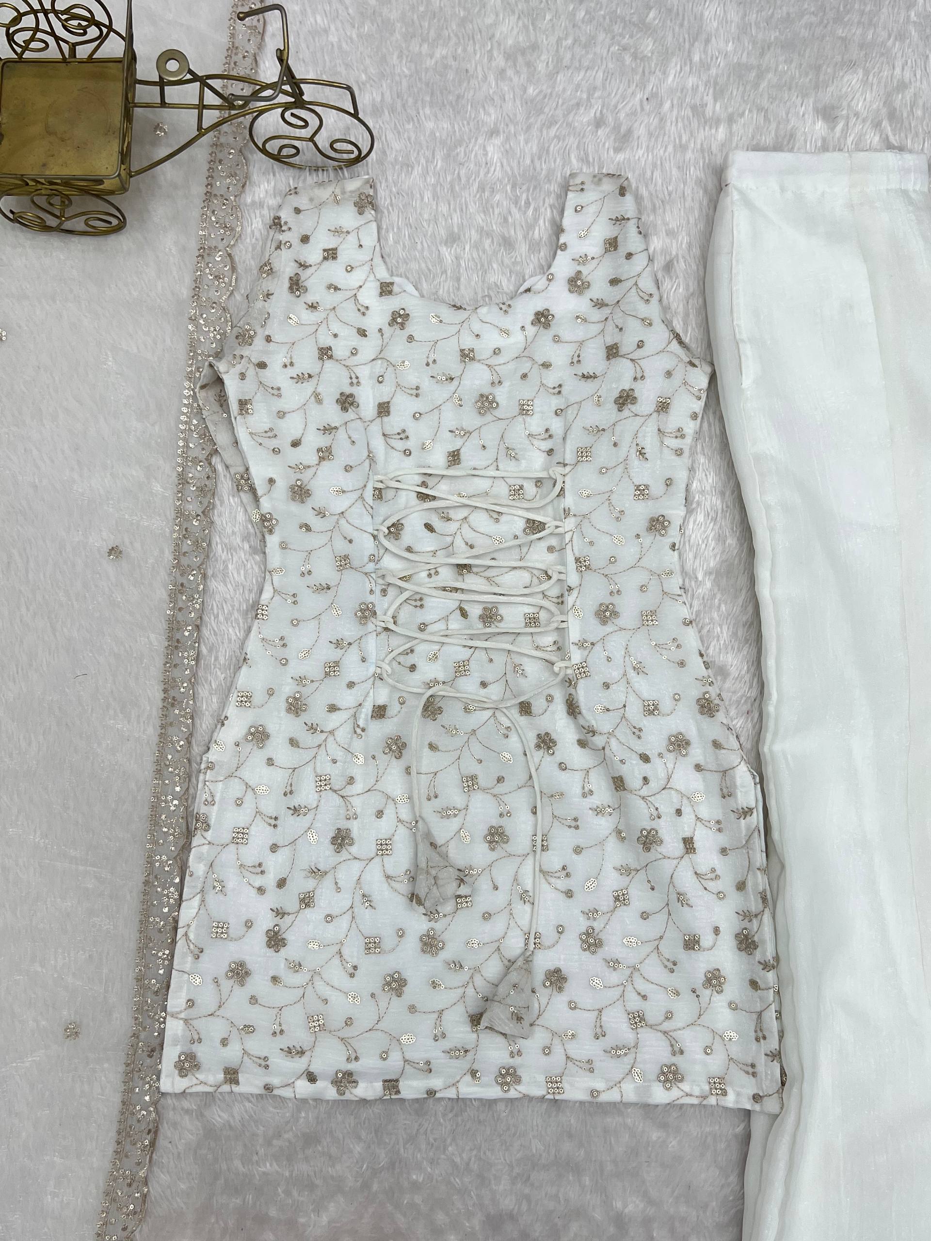 Off-White Crushed Silk Sequin Zari Kurta Set with Bell-Bottom — Festive Wear