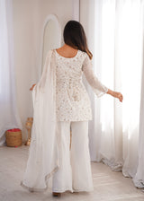 Off-White Crushed Silk Sequin Zari Kurta Set with Bell-Bottom — Festive Wear