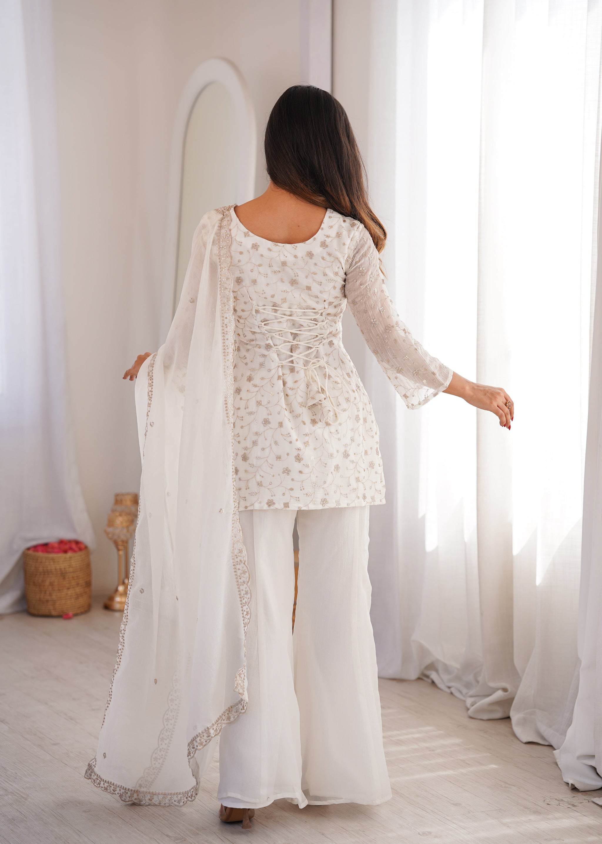 Off-White Crushed Silk Sequin Zari Kurta Set with Bell-Bottom — Festive Wear