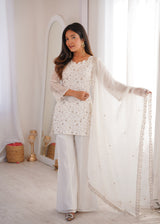 Off-White Crushed Silk Sequin Zari Kurta Set with Bell-Bottom — Festive Wear