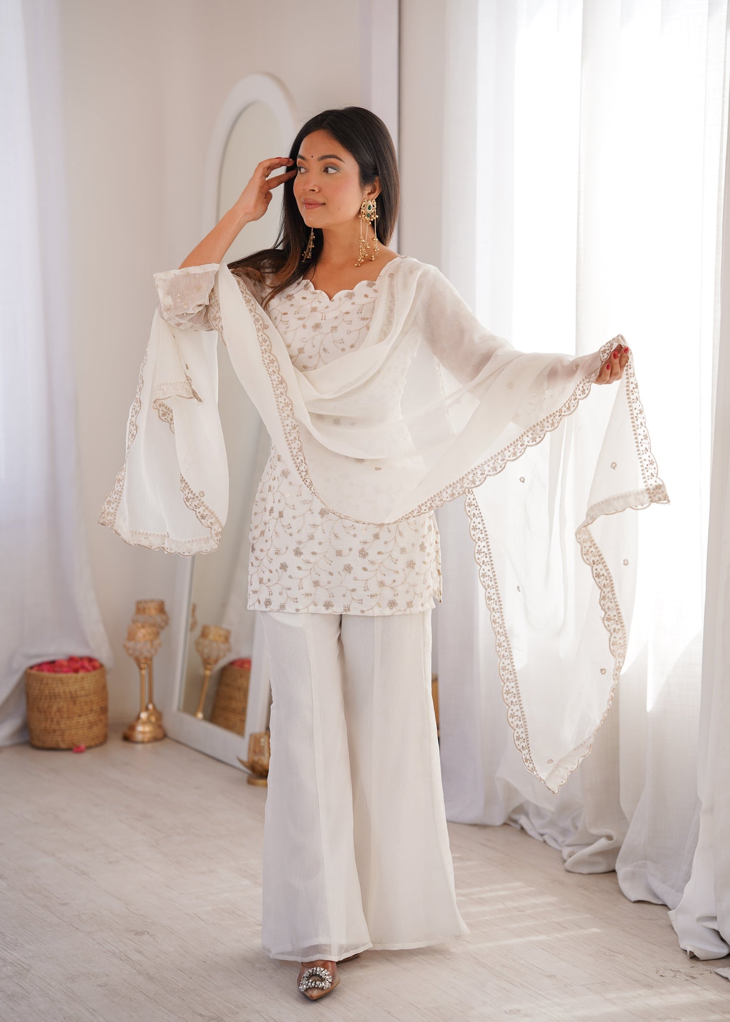 Off-White Crushed Silk Sequin Zari Kurta Set with Bell-Bottom — Festive Wear