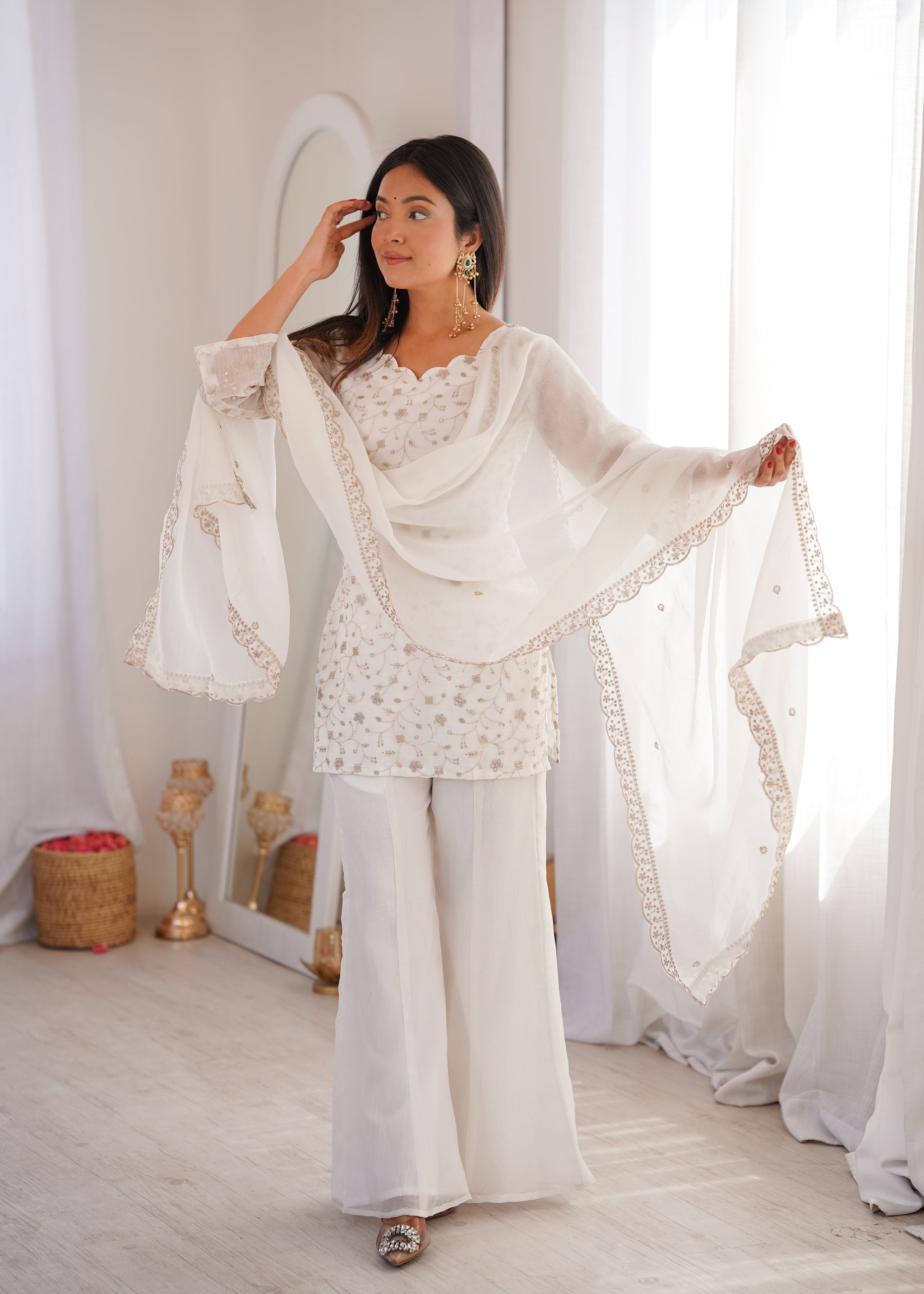 Off-White Crushed Silk Sequin Zari Kurta Set with Bell-Bottom — Festive Wear