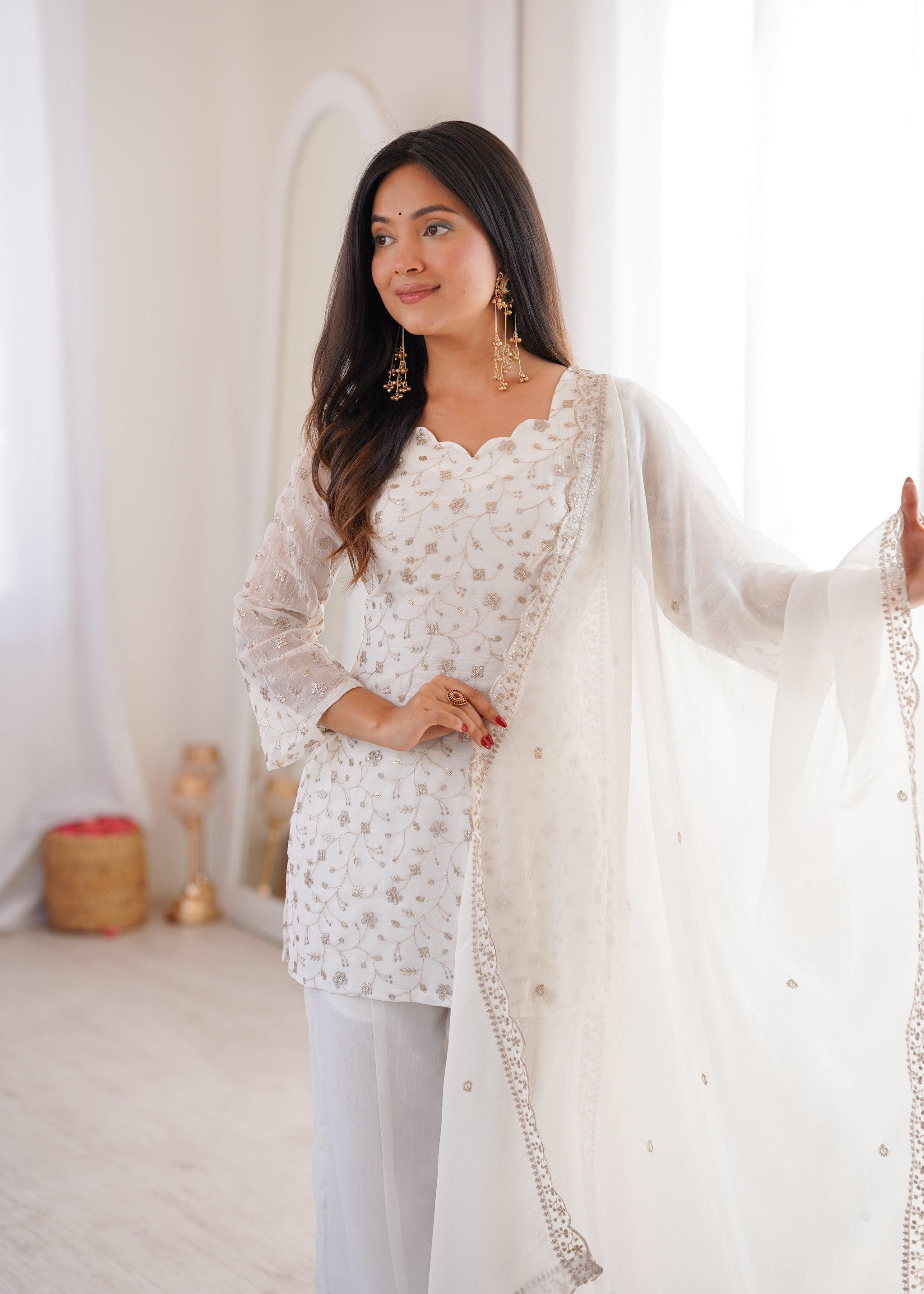 Off-White Crushed Silk Sequin Zari Kurta Set with Bell-Bottom — Festive Wear