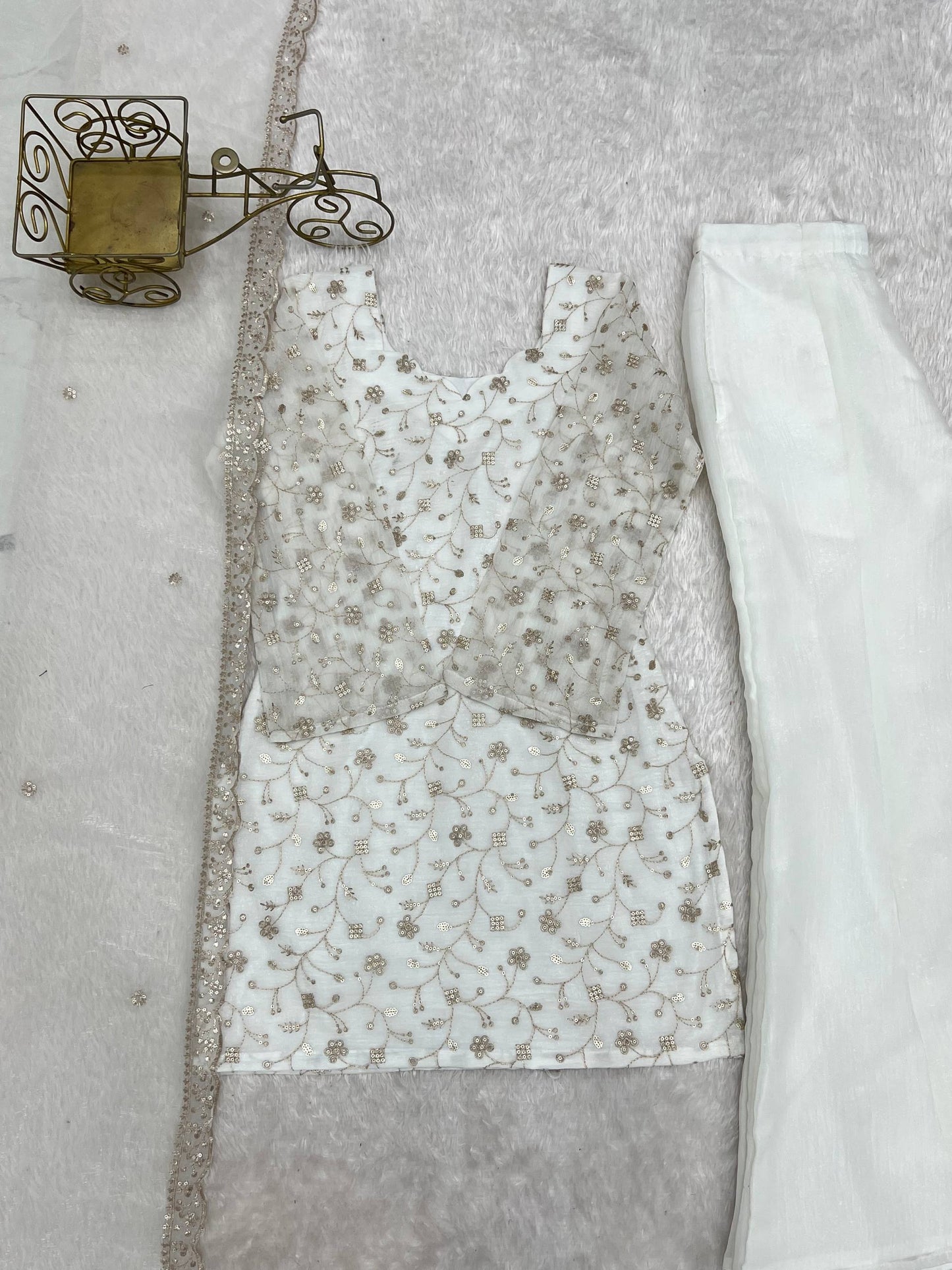 Off-White Crushed Silk Sequin Zari Kurta Set with Bell-Bottom — Festive Wear