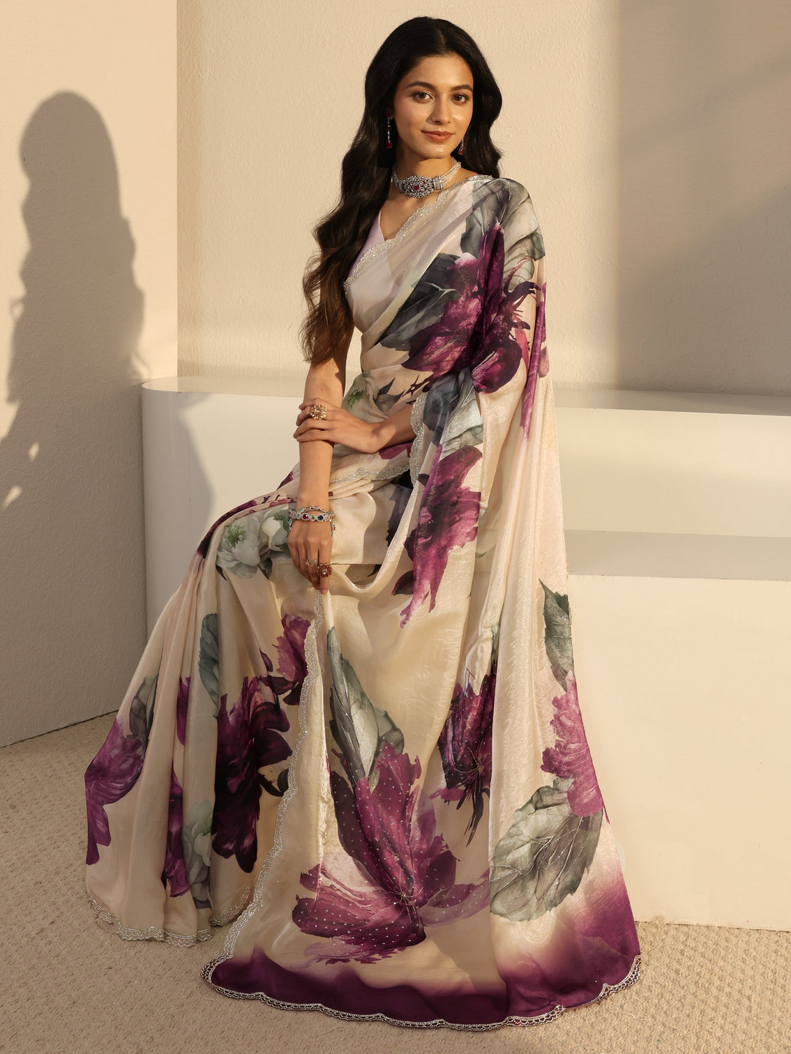 Mameraa Ivory Embellished Tissue Saree With Unstiched Blouse Piece
