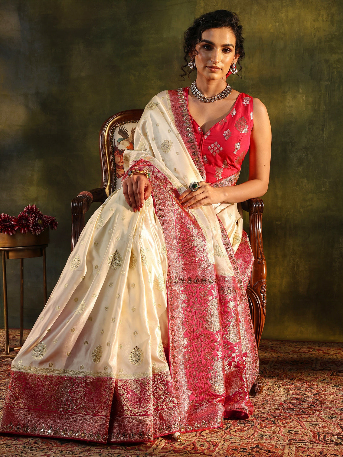 Mameraa Ivory Woven Design Satin Banarasi Saree With Unstitched Blouse Piece