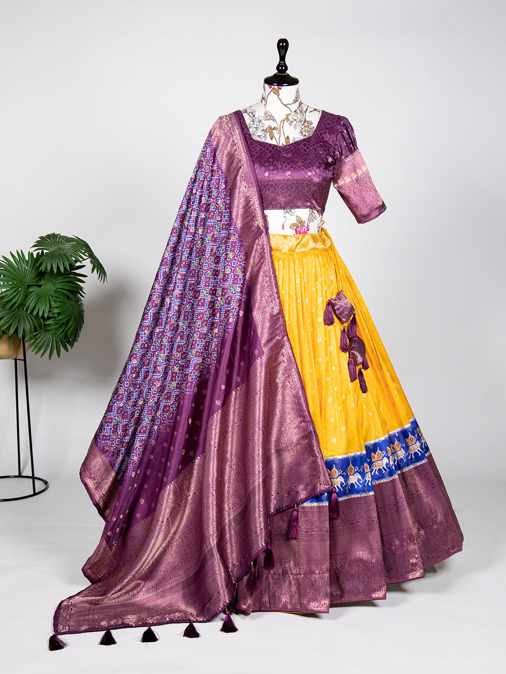 Yellow Color Weaving Work With Digital Print Jacquard Silk Half Saree Lehenga Choli