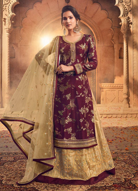 Jacquard Silk Fabric Wine Color Zari Work Long Choli Lehenga