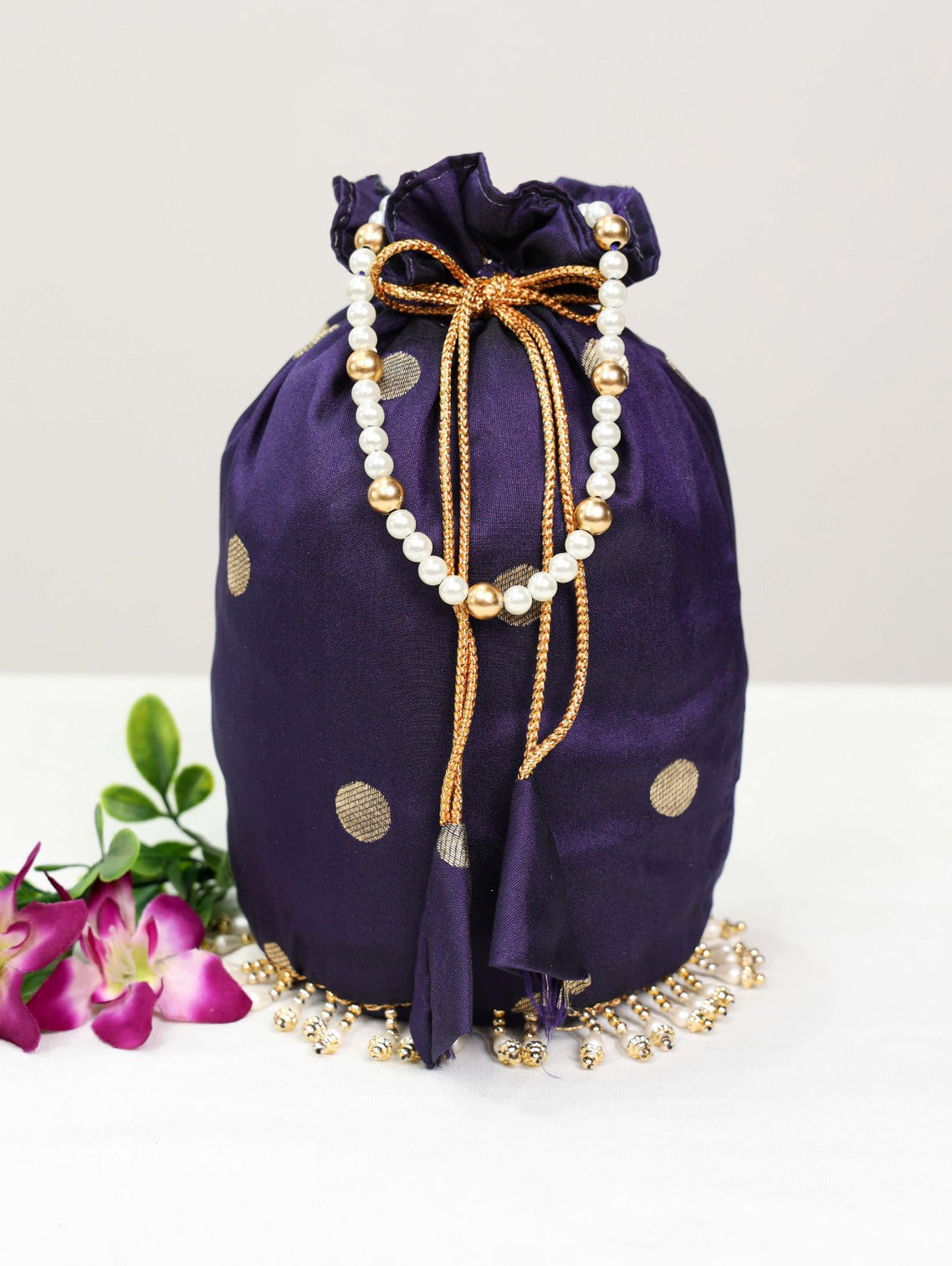 Jacquard Silk Paithani Batwa Potli Bag with Pearl Lace Border & Moti Handle