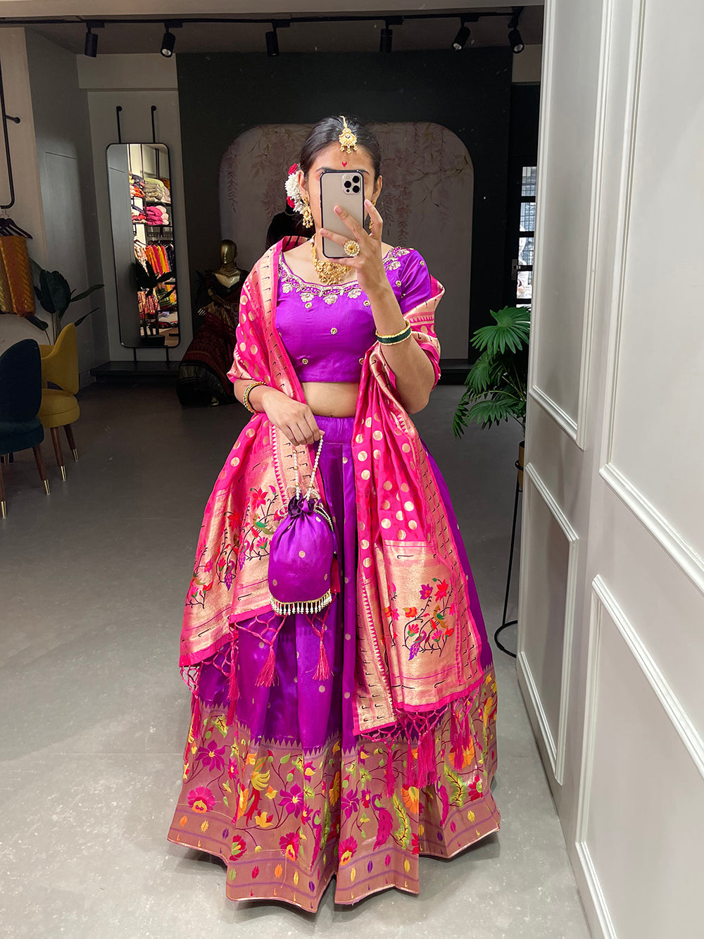 Purple Color Weaving Zari Work jacquard Paithani Silk Lehenga Choli