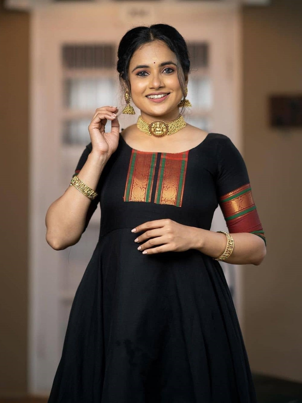 Black color weaving zari work jacquard silk Gown